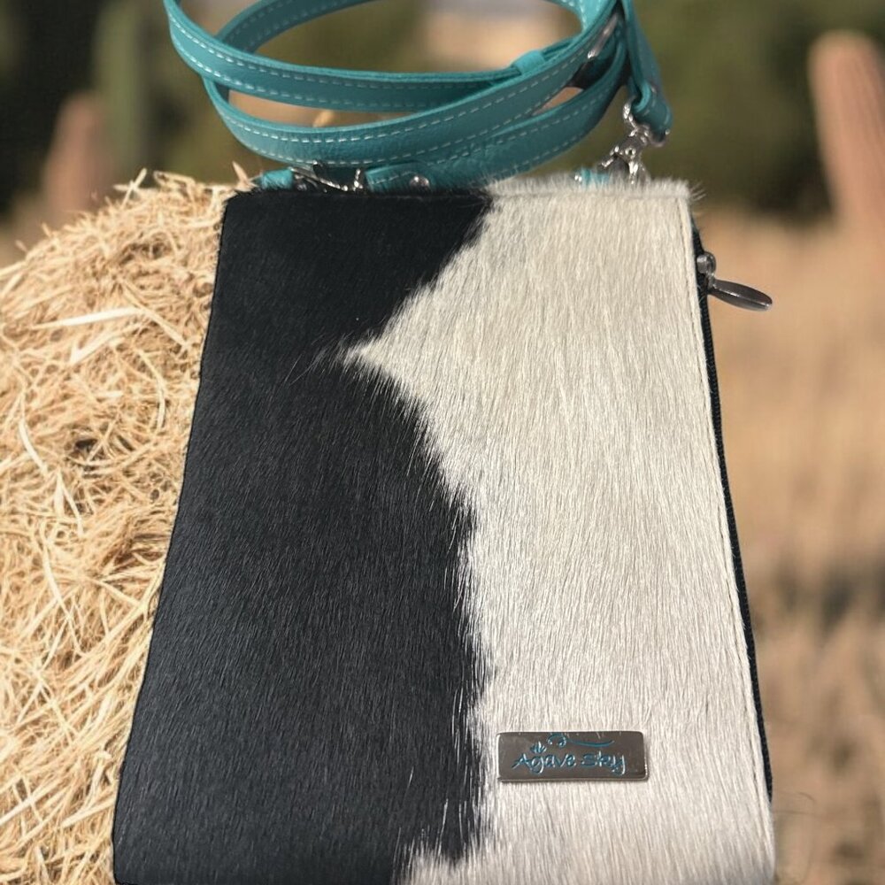 Agave Sky Soft Cowhide Black White leather Cross Body Purse with Strap